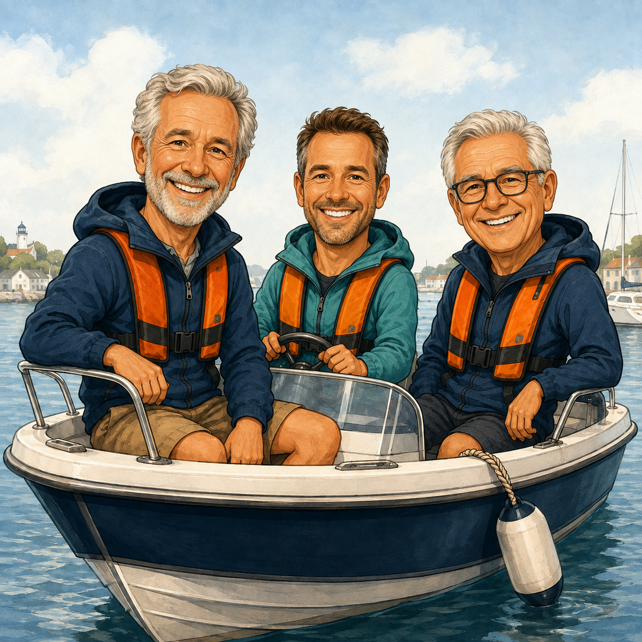 Caricature of three smiling men, two older and one in his 40s, aboard a boat in a harbour